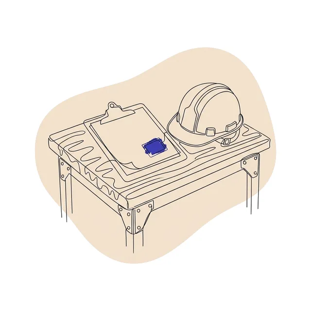 Porte-document et feuille tamponnée sur une table de chantier, à côté d’un casque