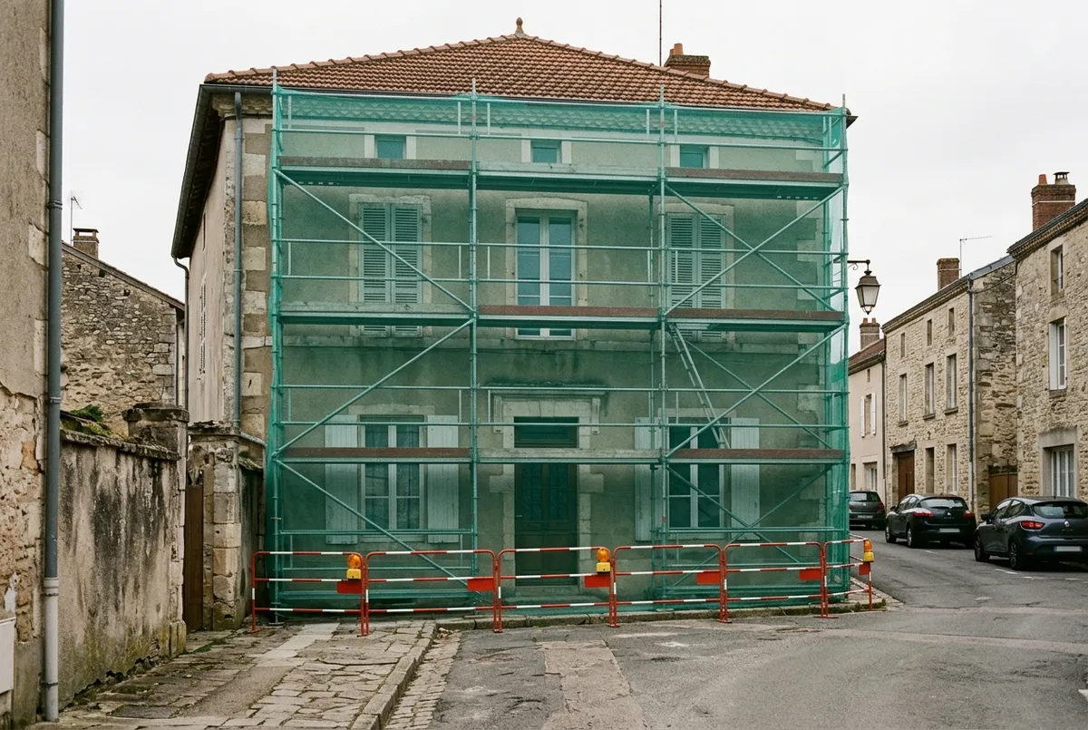 Échafaudage avec filet de protection le long d’une façade donnant sur un trottoir étroit
