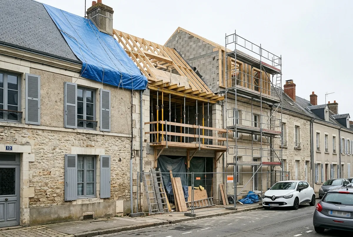 Maison de ville en surélévation accolée à la maison voisine, étais et bâche sur le toit voisin