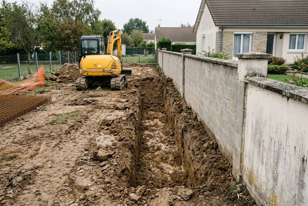 Fouille de fondations creusée au pied du mur de clôture d’une maison voisine, pelle mécanique à l’arrêt