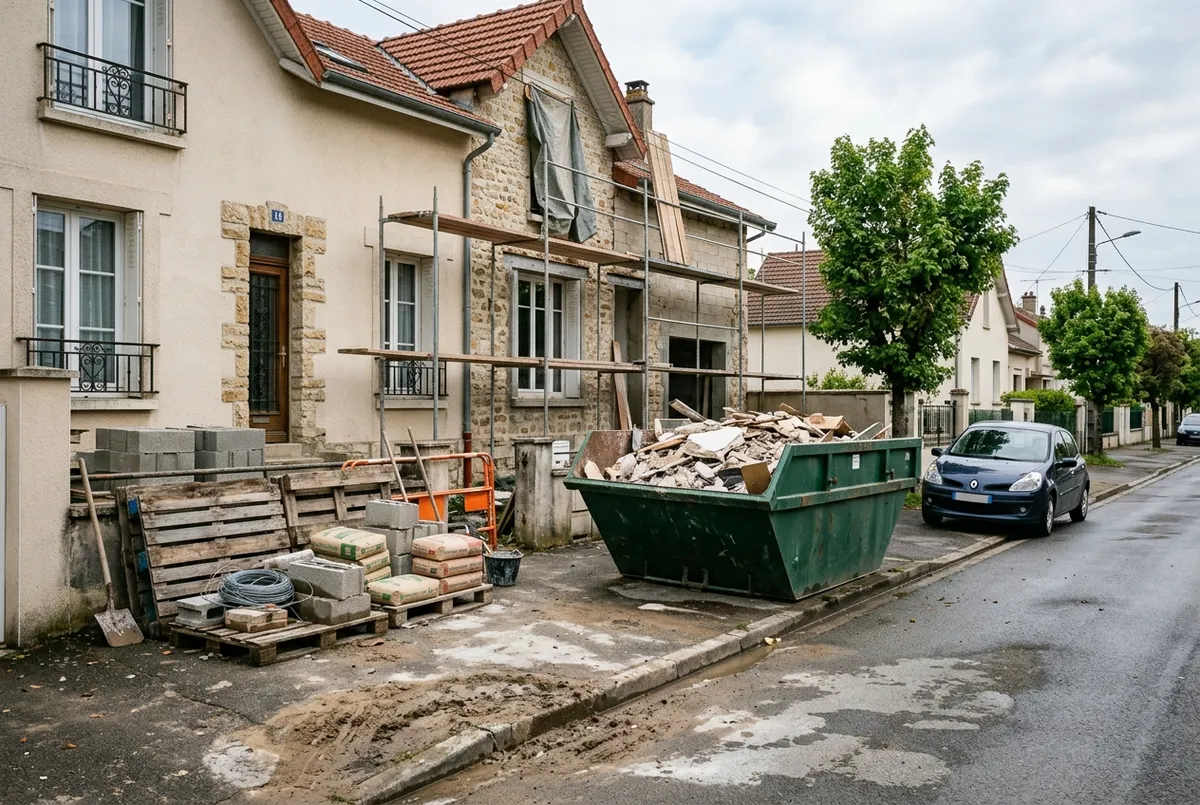 Benne à gravats et palettes de matériaux devant une maison en travaux dans une rue résidentielle
